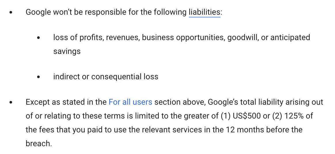 Google's terms and conditions provide disclaimers about data loss