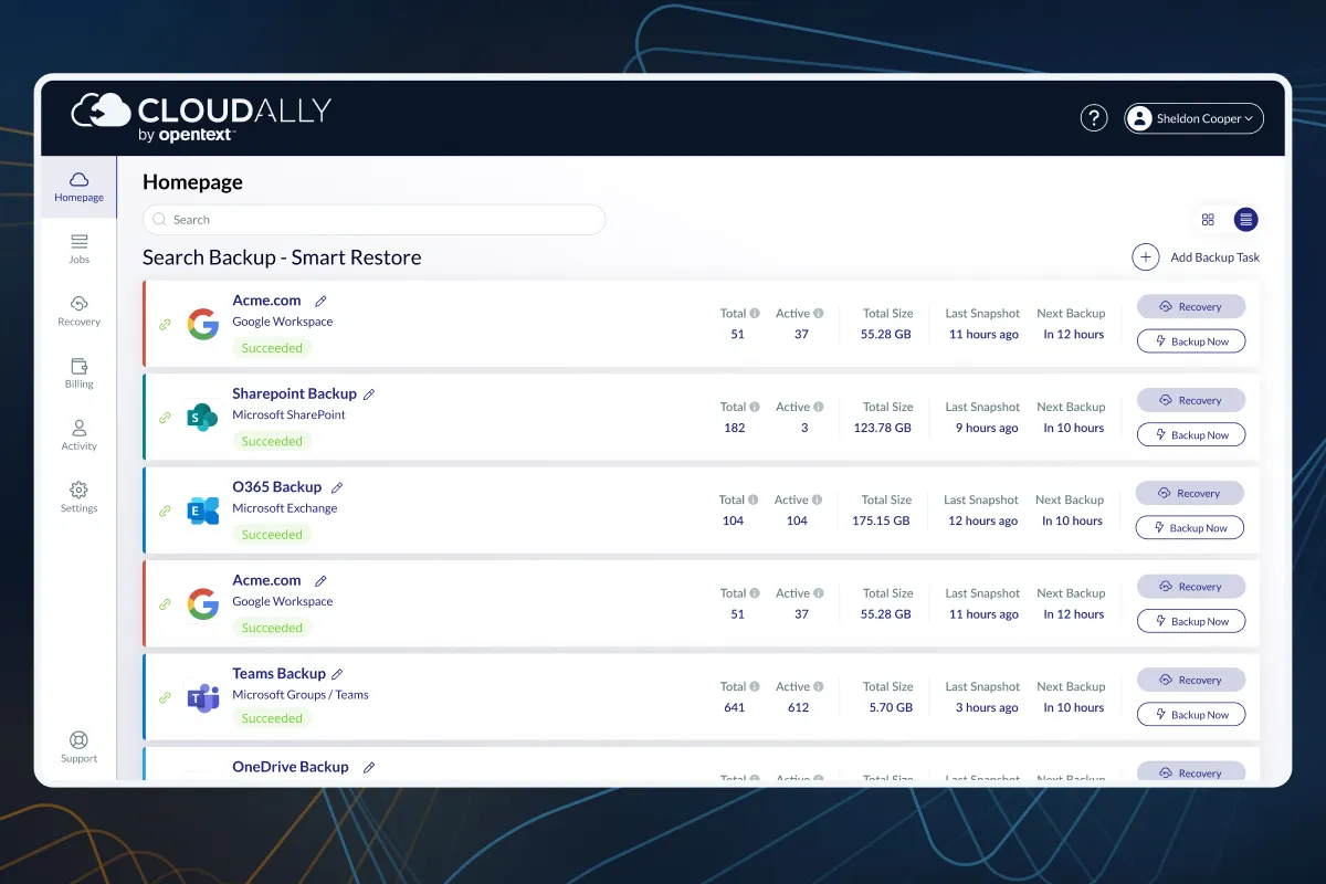 The CloudAlly user interface