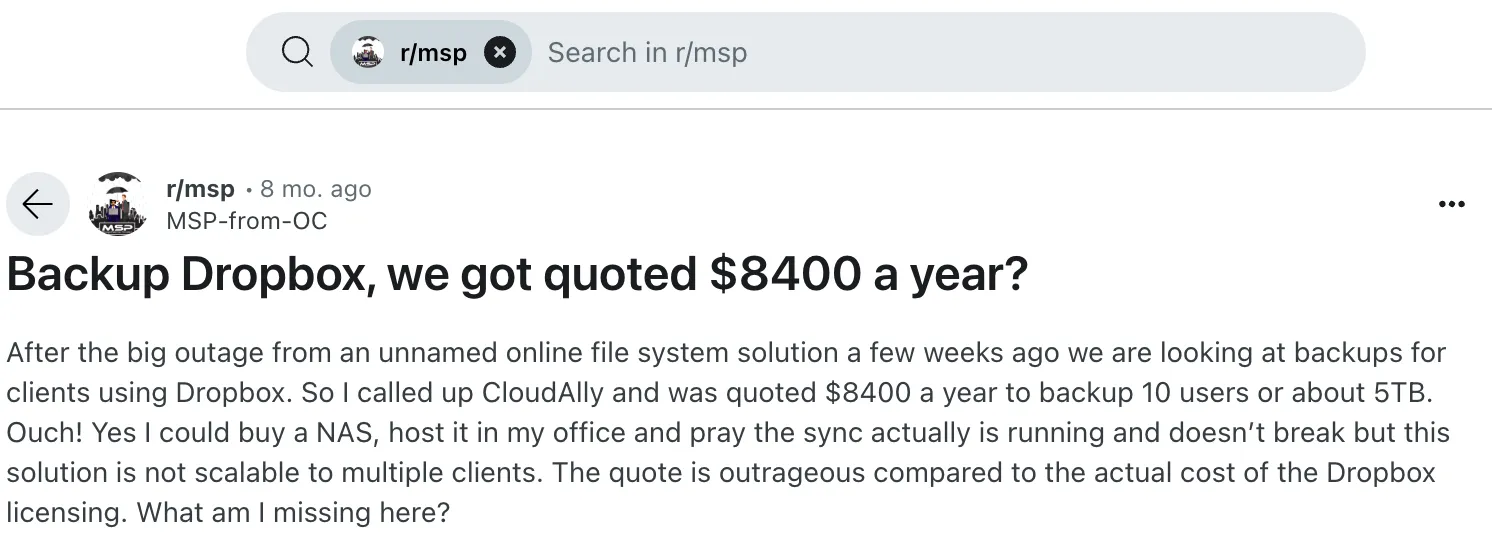 A customer complaint about CloudAlly on Reddit 