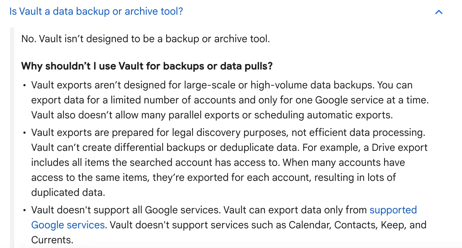 Excerpt from website stating why Google Vault shouldn't be used as a SysCloud alternative