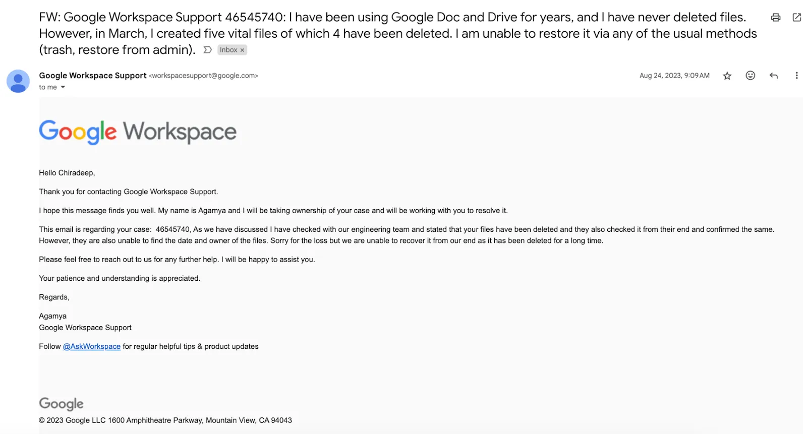 Example of permanent data loss from Google Drive